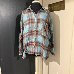 BDG Blue and Rust Brown Plaid Flannel Oversized Button Down Shirt